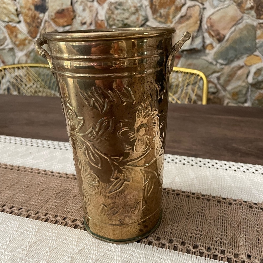 Vintage Brass French Floral Bucket Vase